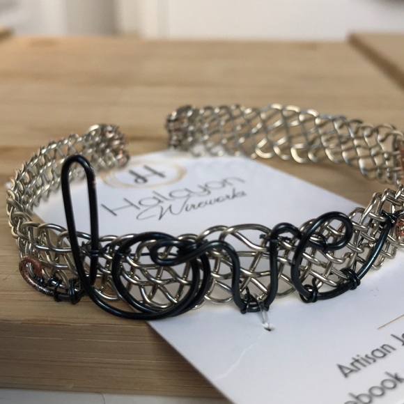 Silver Plated Woven Wire Cuff Love Heart Bracelet - Picture 2 of 5